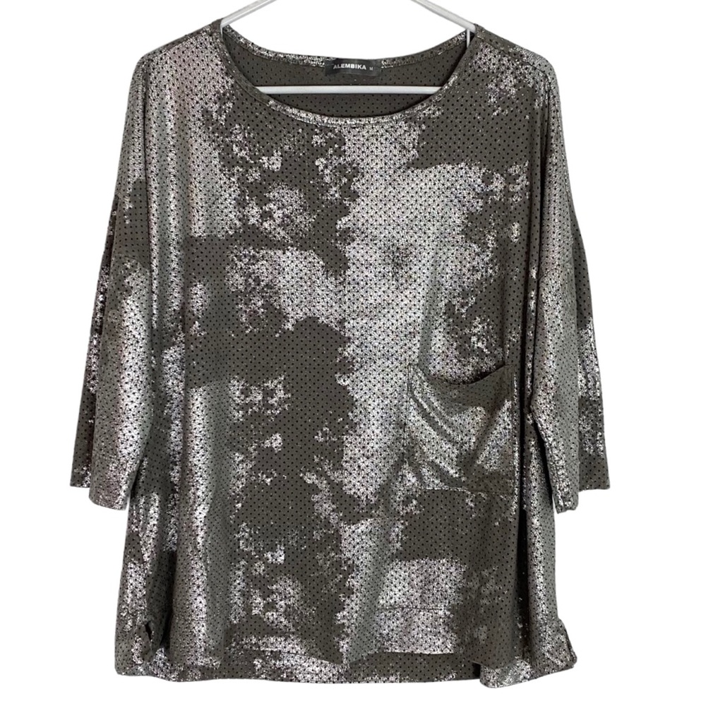 Alembika Silver Metallic Sequin Scoop Neck Blouse